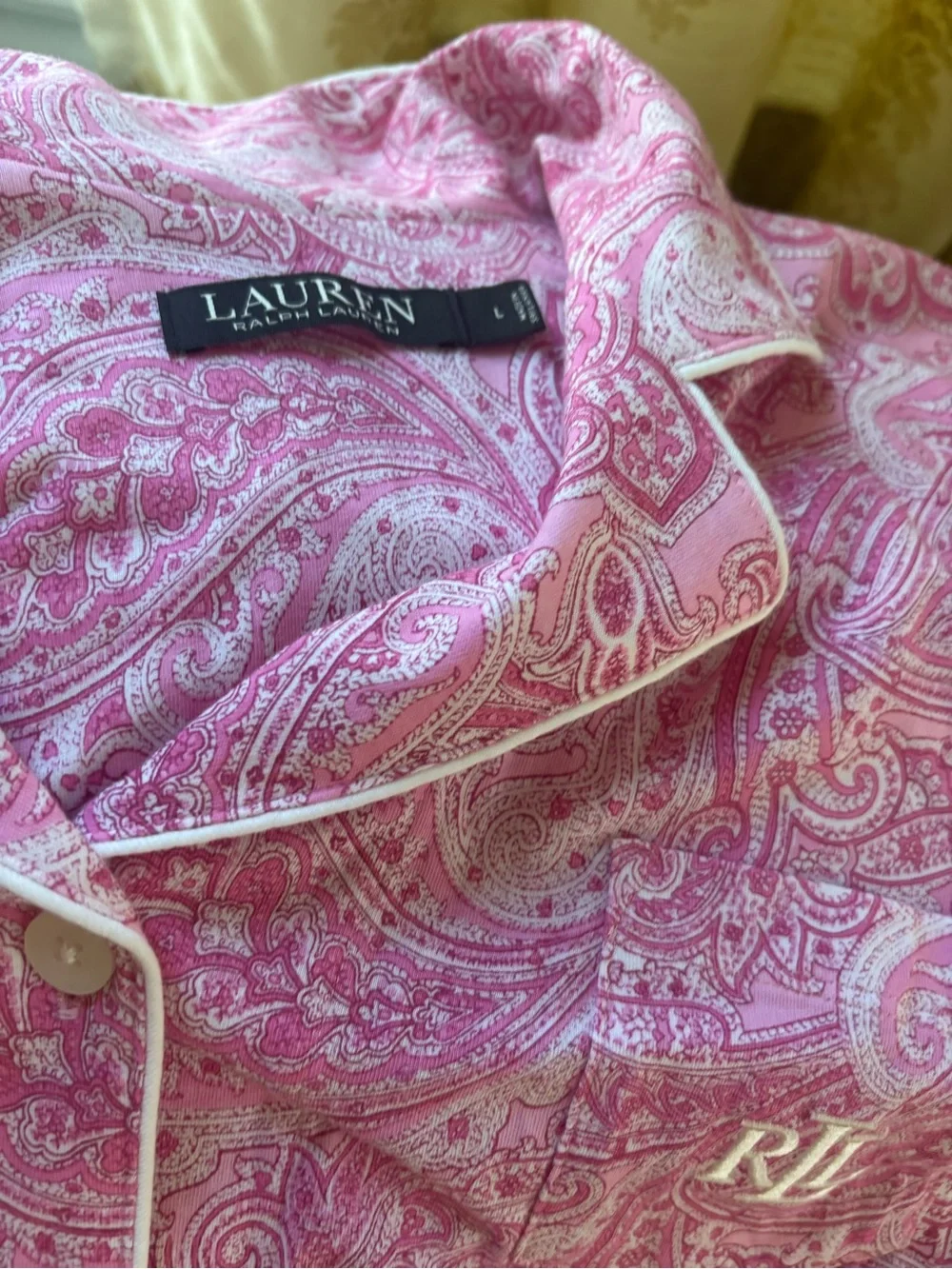 Lauren Ralph Lauren Pink Paisley Button-Down Shirt with White Piping